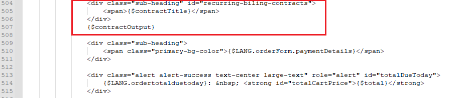 Recurring Contract Billing 1.5.X For WHMCS: order form template file with the contract title and output code inserted