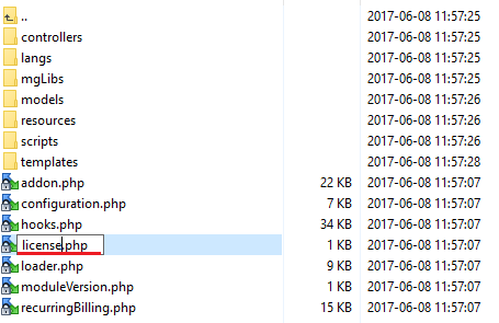 Recurring Contract Billing 1.5.X For WHMCS: module folder in a file manager with license file being renamed