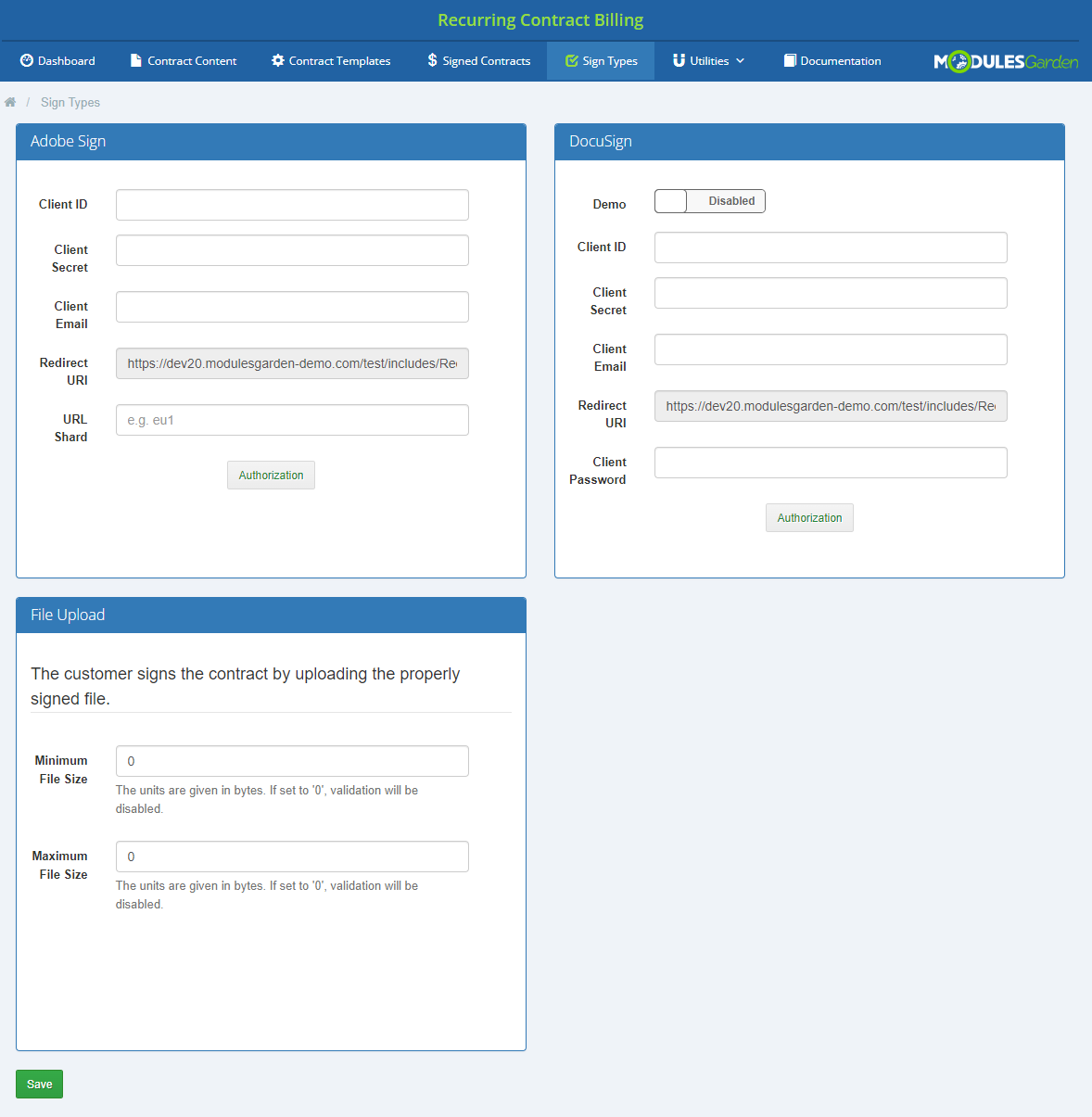 Recurring Contract Billing 1.5.X For WHMCS: Sign Types tab with Adobe Sign, DocuSign and File Upload settings