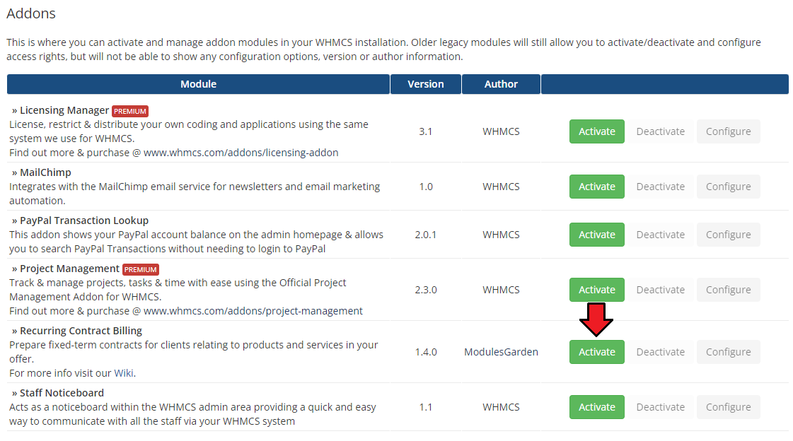 Recurring Contract Billing 1.5.X For WHMCS: WHMCS Addon Modules list with the Activate button next to the module