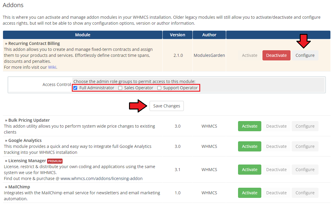 Recurring Contract Billing For WHMCS: Configure option in WHMCS Addon Modules with admin role access control and Save