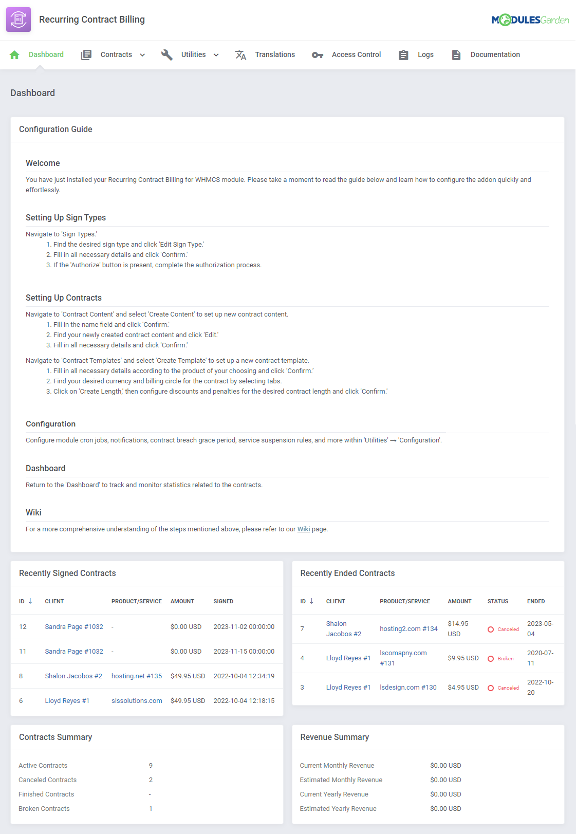 Recurring Contract Billing For WHMCS: addon dashboard with the configuration guide and contract summary boxes