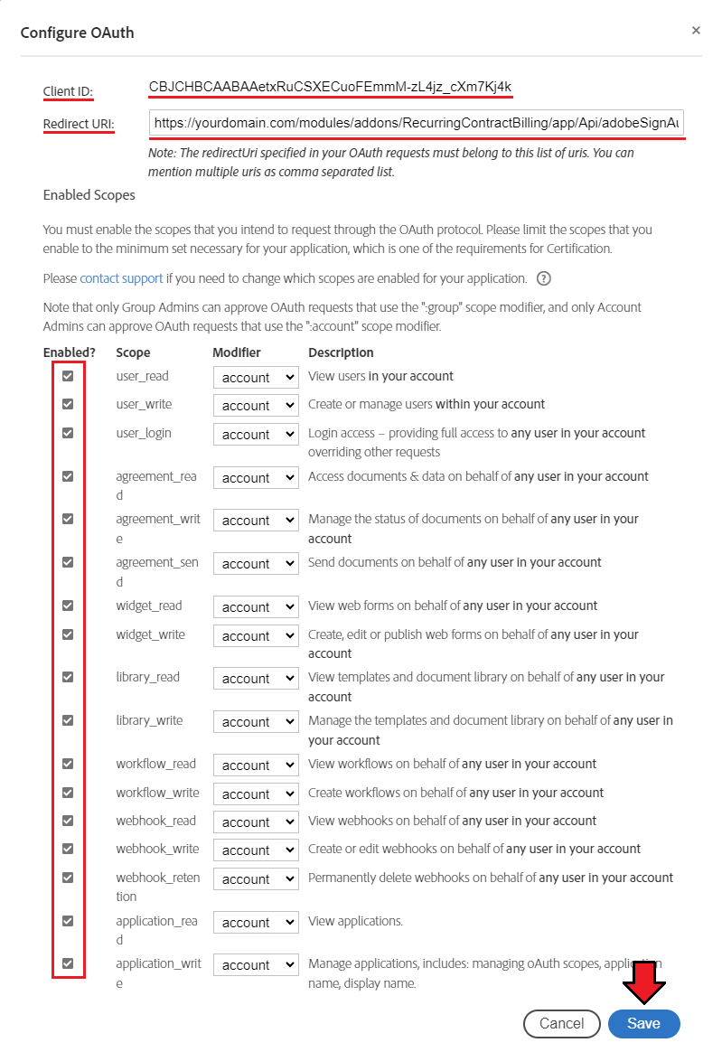 Recurring Contract Billing For WHMCS: Adobe Acrobat Sign Configure OAuth form with Client ID, Redirect URI and scopes