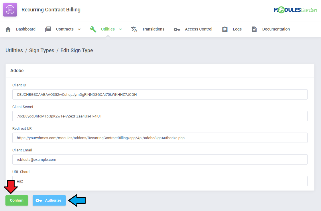 Recurring Contract Billing For WHMCS: Adobe Sign settings form with Client ID, Secret, Redirect URI and Confirm and
