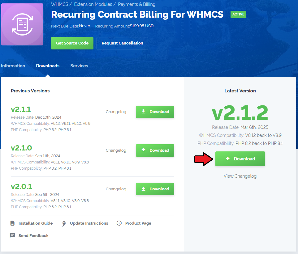 Recurring Contract Billing For WHMCS: client area product page Downloads tab with the latest version Download button