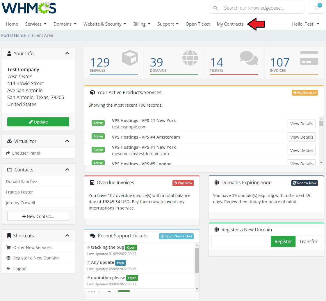 Recurring Contract Billing For WHMCS: WHMCS client area home page with the My Contracts menu item highlighted