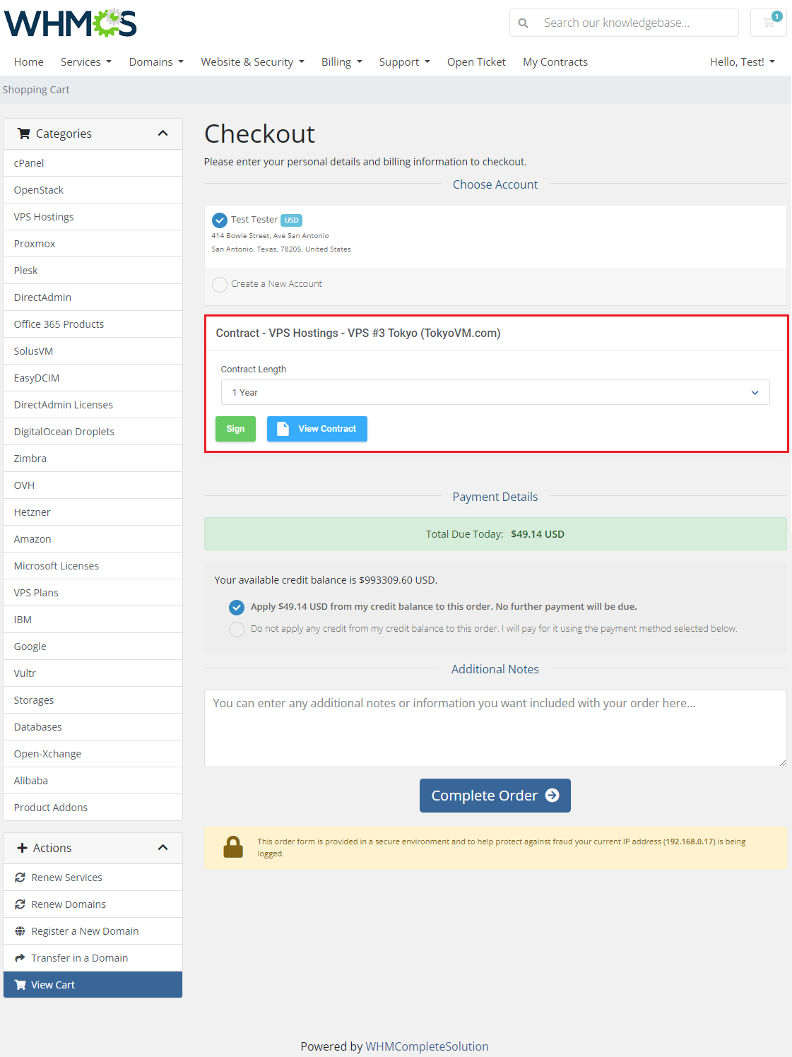 Recurring Contract Billing For WHMCS: WHMCS client area checkout with contract length selector and Sign button