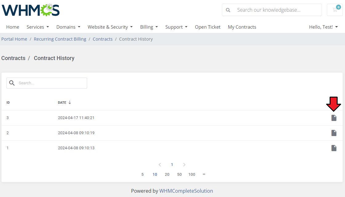 Recurring Contract Billing For WHMCS: WHMCS client area Contract History list with the view icon for an older version