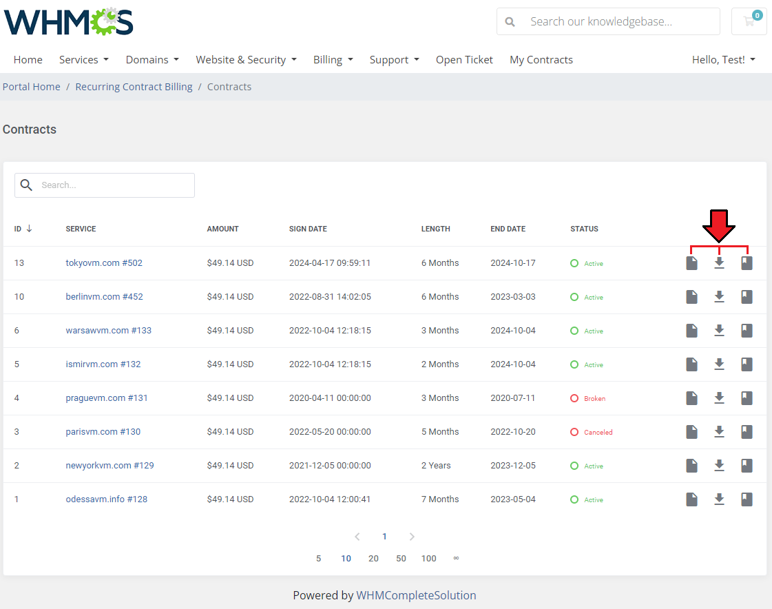 Recurring Contract Billing For WHMCS: WHMCS client area Contracts list with view, download and history buttons