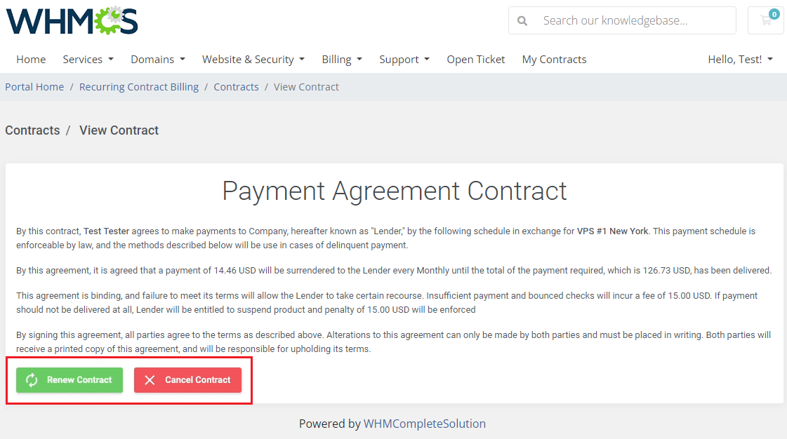 Recurring Contract Billing For WHMCS: WHMCS client area View Contract page with Renew Contract and Cancel Contract