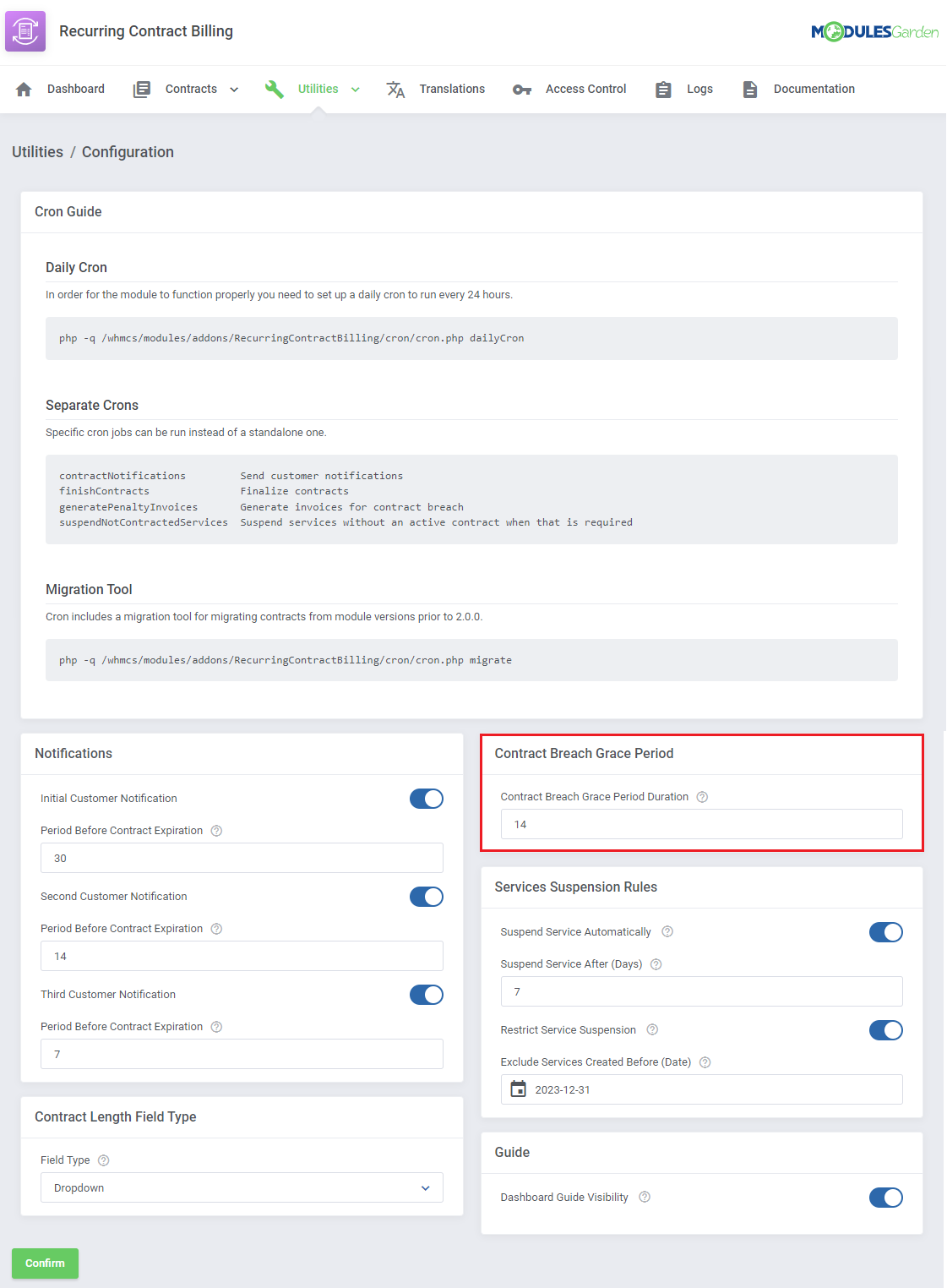 Recurring Contract Billing For WHMCS: Utilities Configuration page with the Contract Breach Grace Period section