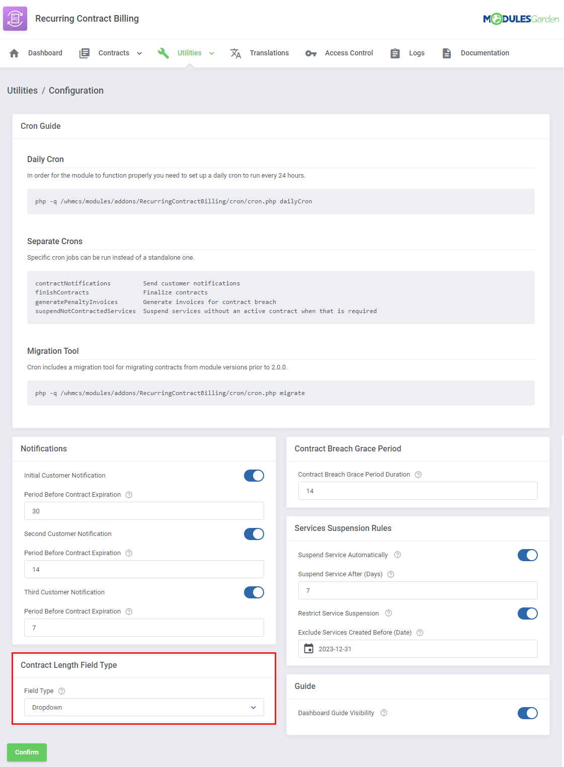 Recurring Contract Billing For WHMCS: Utilities Configuration page with the Contract Length Field Type section