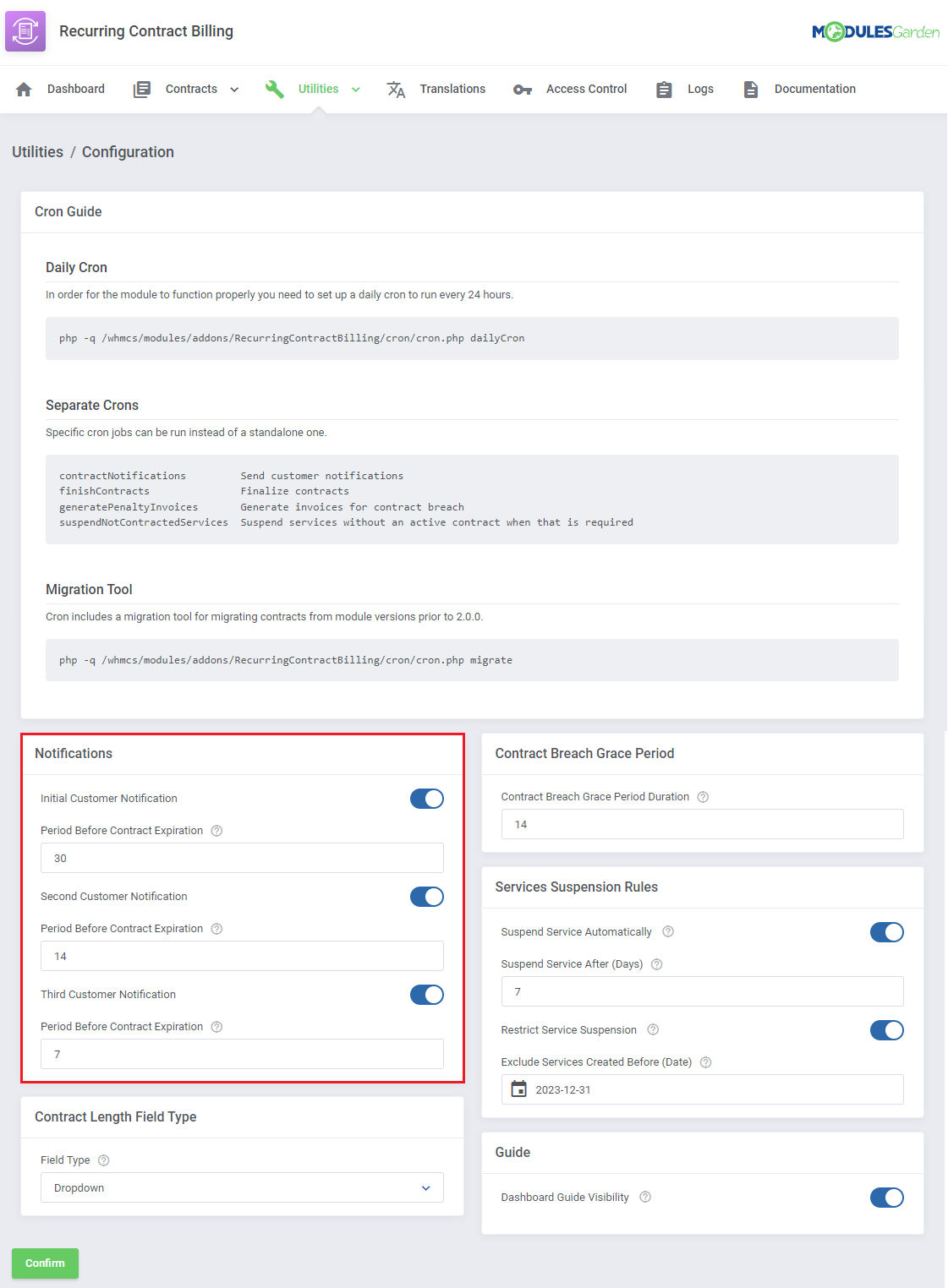 Recurring Contract Billing For WHMCS: Utilities Configuration page with the Notifications section highlighted