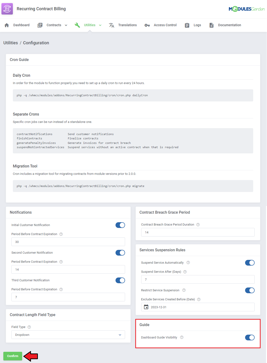 Recurring Contract Billing For WHMCS: Utilities Configuration page with the Guide visibility switch and the Confirm