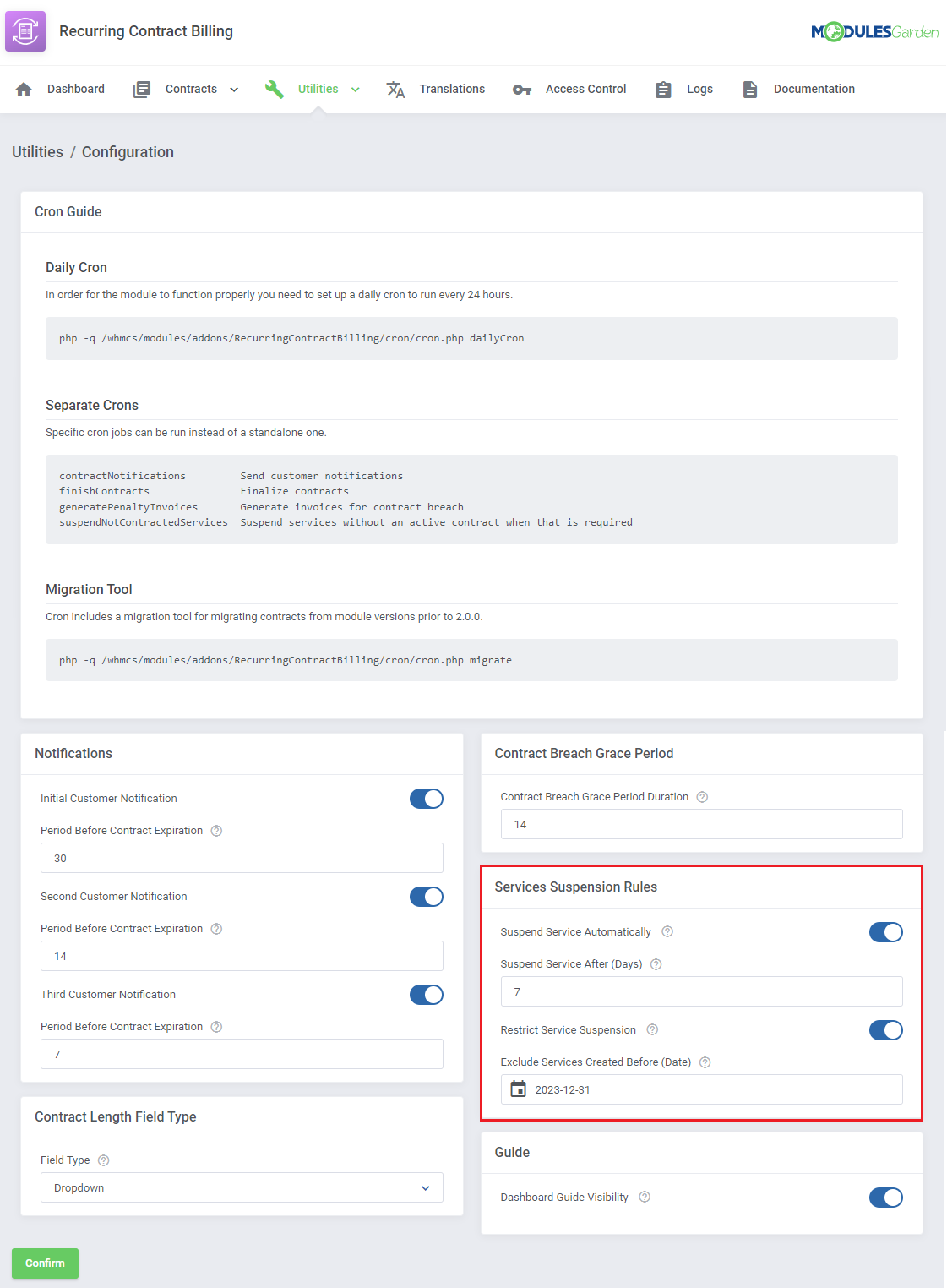 Recurring Contract Billing For WHMCS: Utilities Configuration page with the Services Suspension Rules section