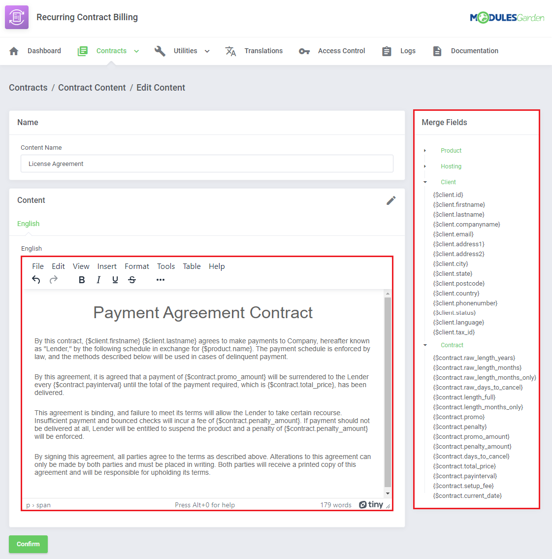 Recurring Contract Billing For WHMCS: contract content editor with the text editor and Merge Fields list highlighted