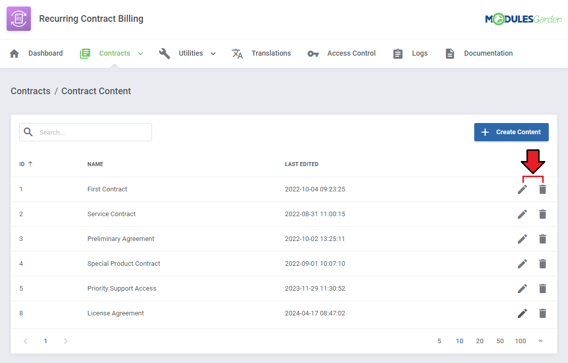 Recurring Contract Billing For WHMCS: Contract Content list with the edit and delete action buttons highlighted