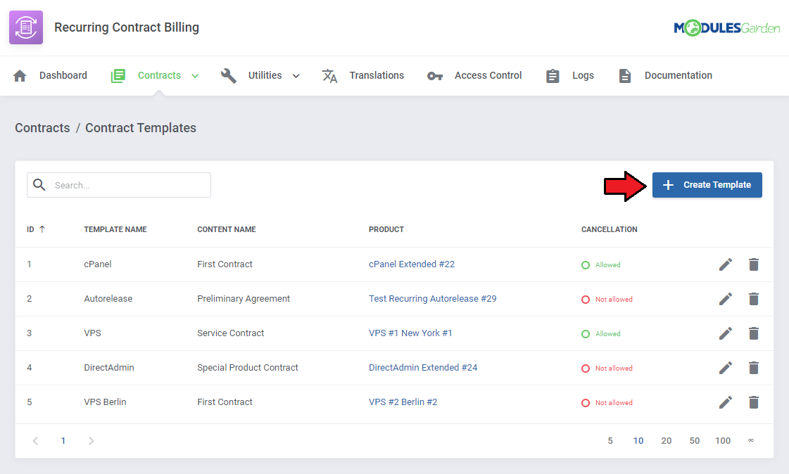 Recurring Contract Billing For WHMCS: Contract Templates list with the Create Template button