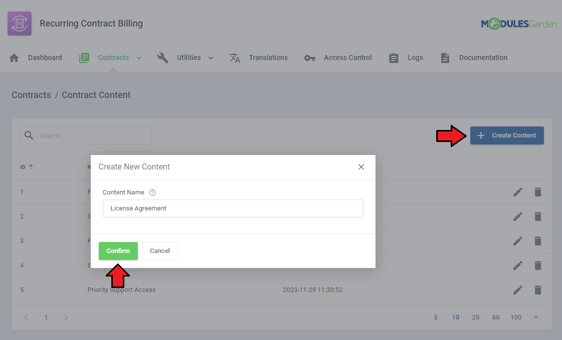 Recurring Contract Billing For WHMCS: Create New Content dialog with a content name on the Contract Content page