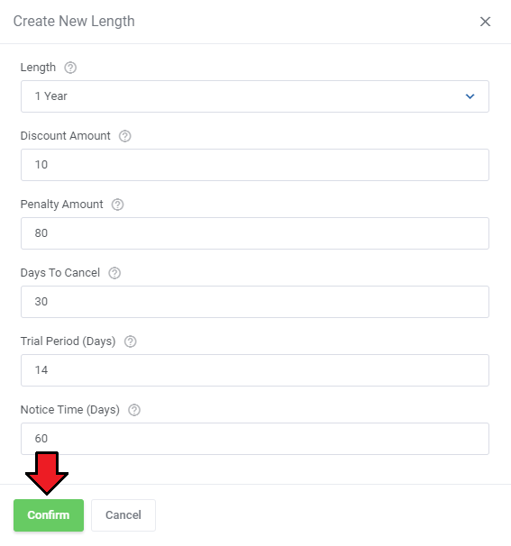 Recurring Contract Billing For WHMCS: Create New Length dialog with length, discount, penalty, days to cancel and