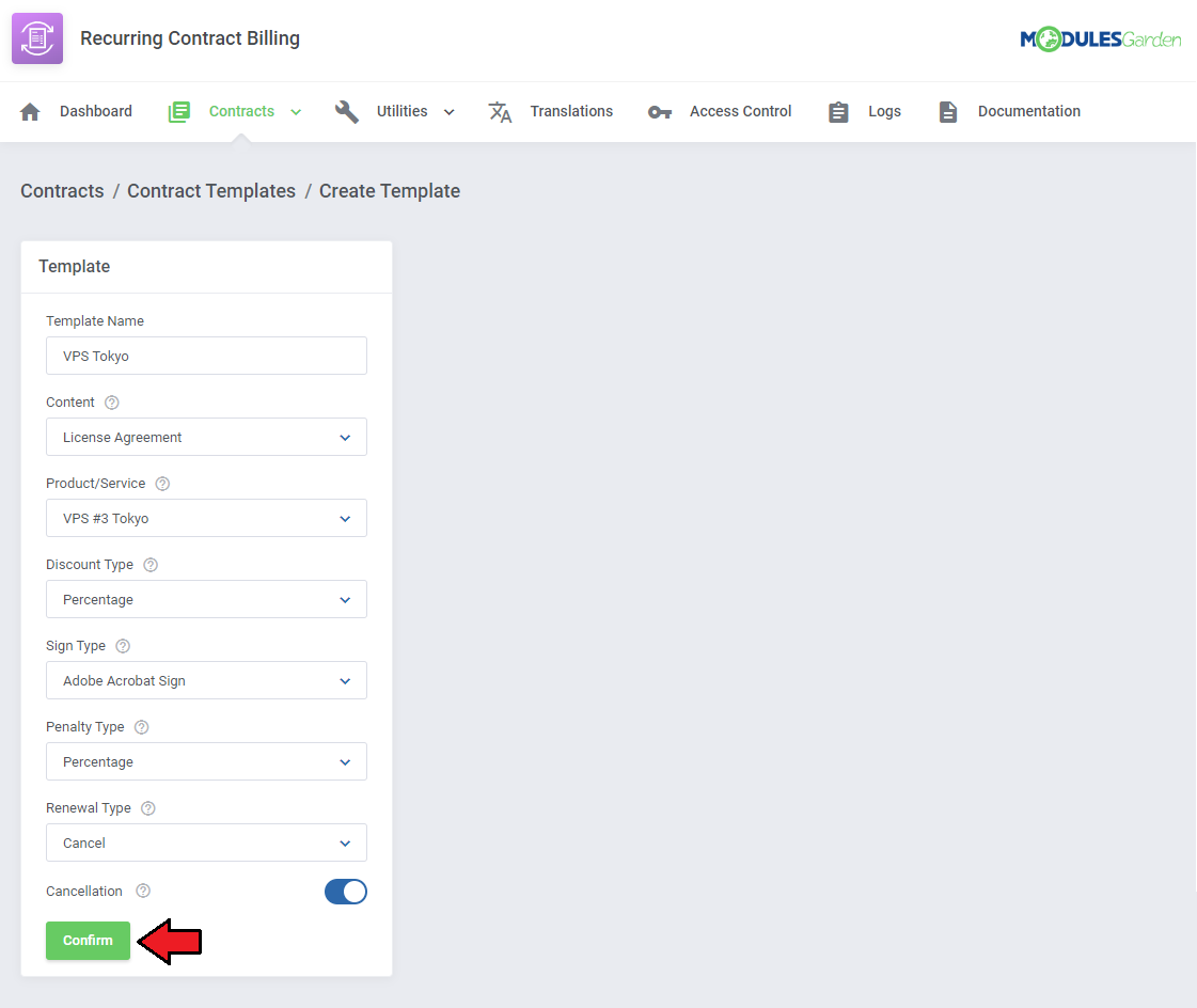 Recurring Contract Billing For WHMCS: Create Template form with name, content, product, sign type, penalty and renewal