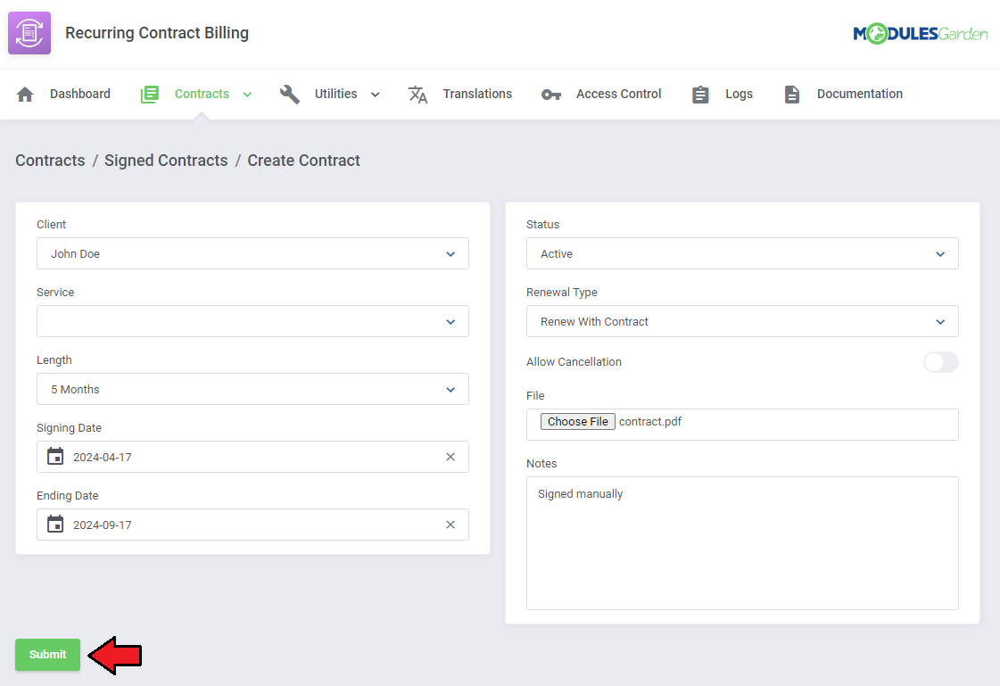 Recurring Contract Billing For WHMCS: Create Contract form with client, service, length, dates, status, file and notes