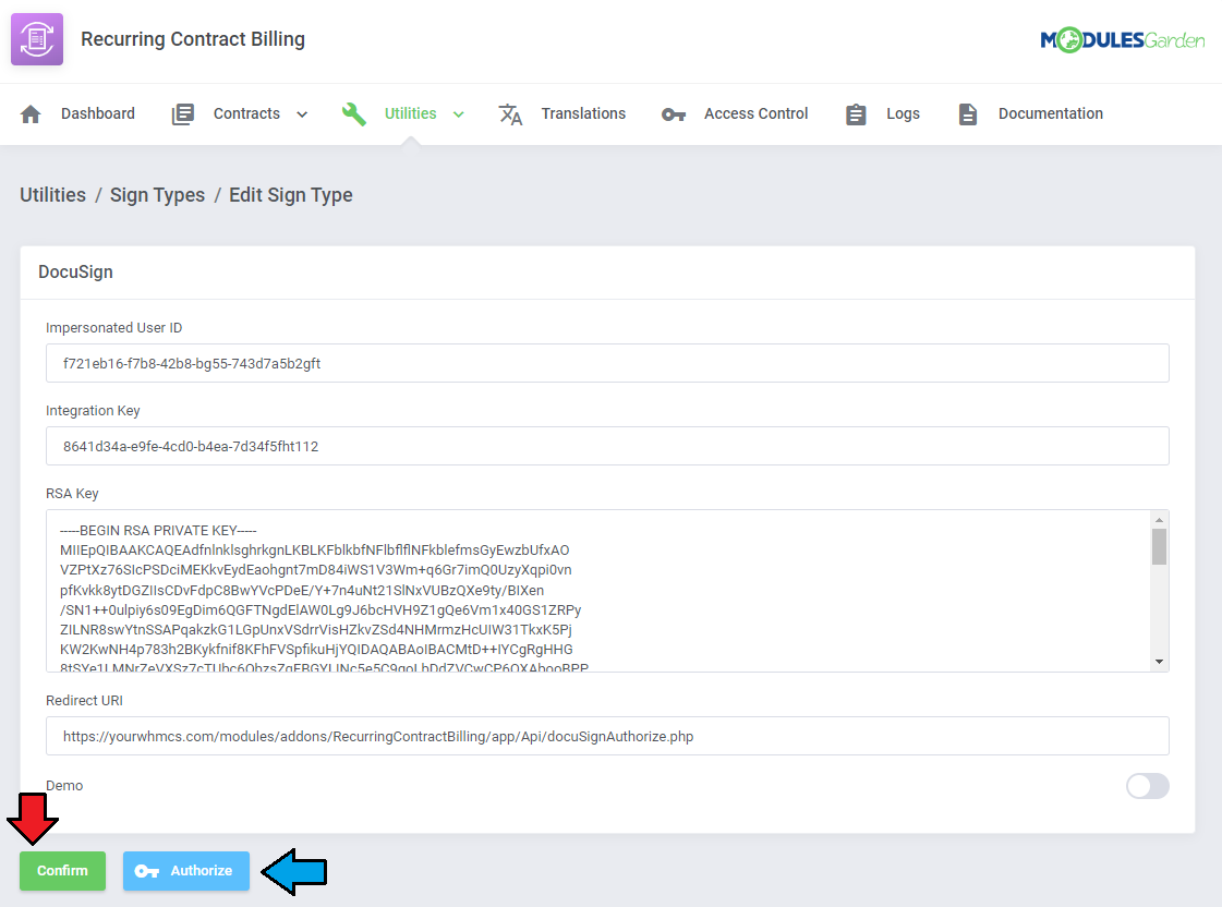 Recurring Contract Billing For WHMCS: DocuSign settings form with user ID, integration and RSA keys, Confirm and