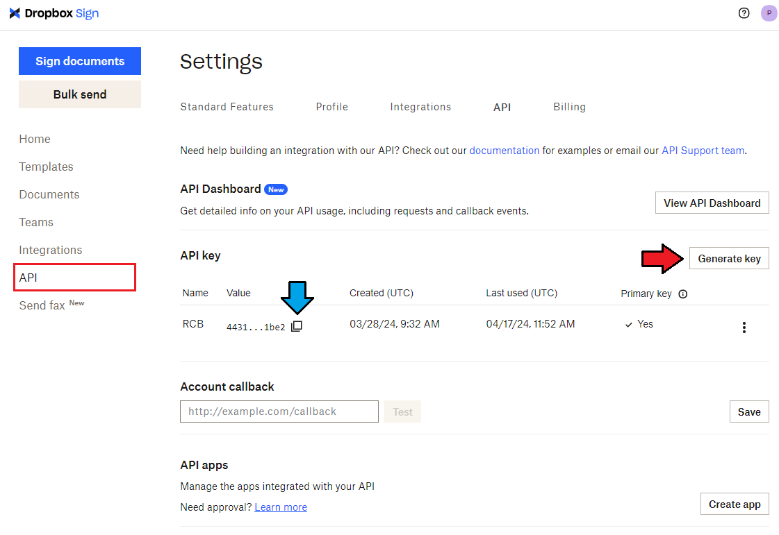 Recurring Contract Billing For WHMCS: Dropbox Sign API settings page with the Generate key button and the key copy icon