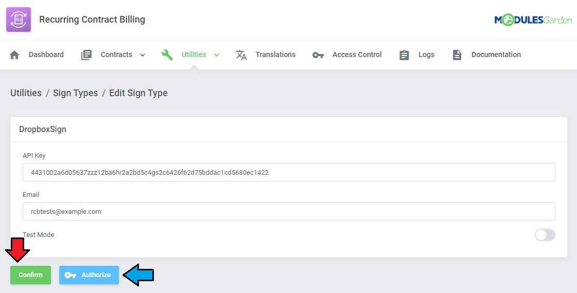 Recurring Contract Billing For WHMCS: Dropbox Sign settings form with API Key, Email, Test Mode, Confirm and Authorize
