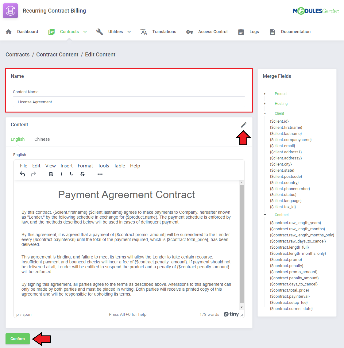 Recurring Contract Billing For WHMCS: Edit Content page with the content name, translation pen icon and Confirm button