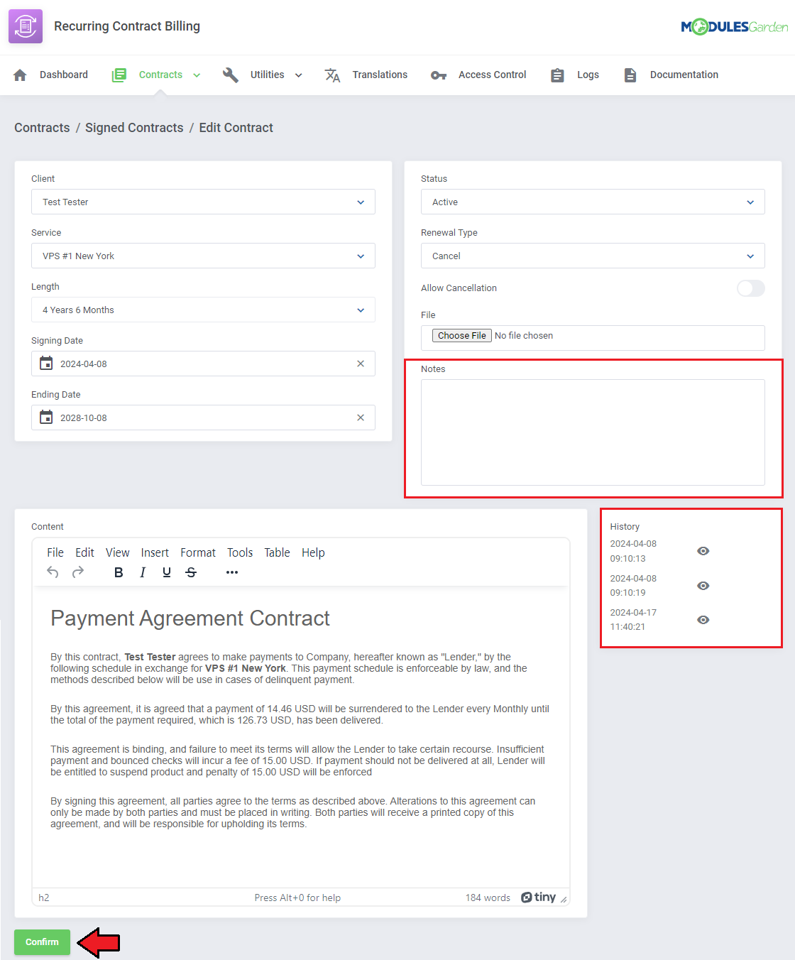 Recurring Contract Billing For WHMCS: Edit Contract page with the Notes field and History box highlighted and Confirm