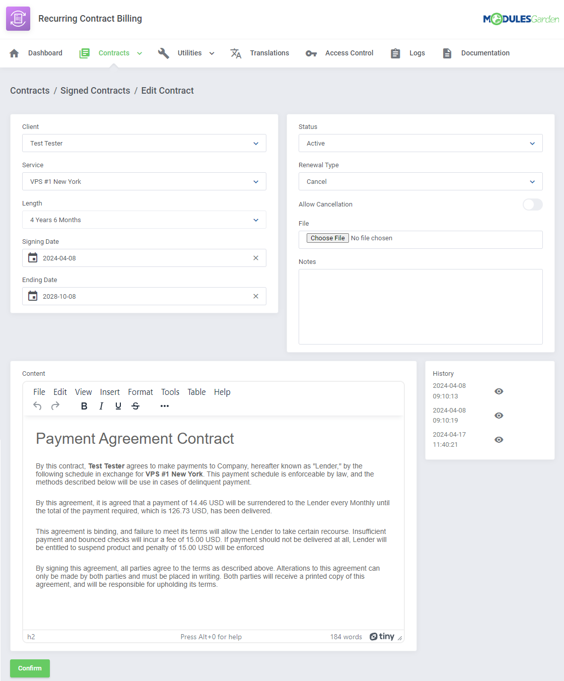 Recurring Contract Billing For WHMCS: Edit Contract page in the admin area with client, service, status, notes and