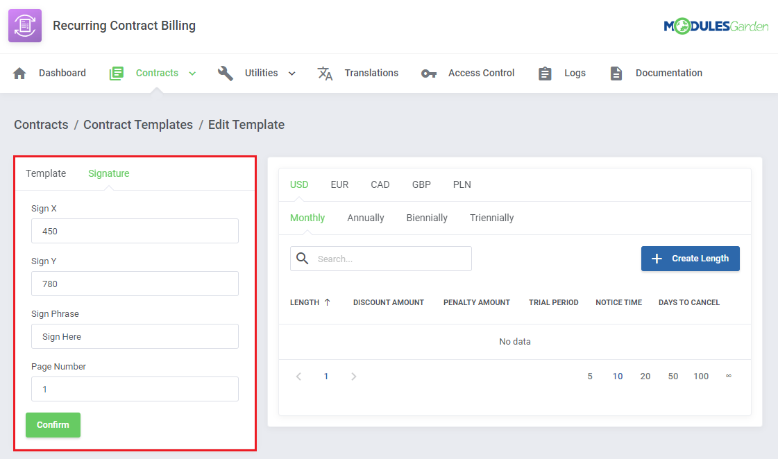 Recurring Contract Billing For WHMCS: Edit Template page with the Signature tab: Sign X, Sign Y, Sign Phrase and Page