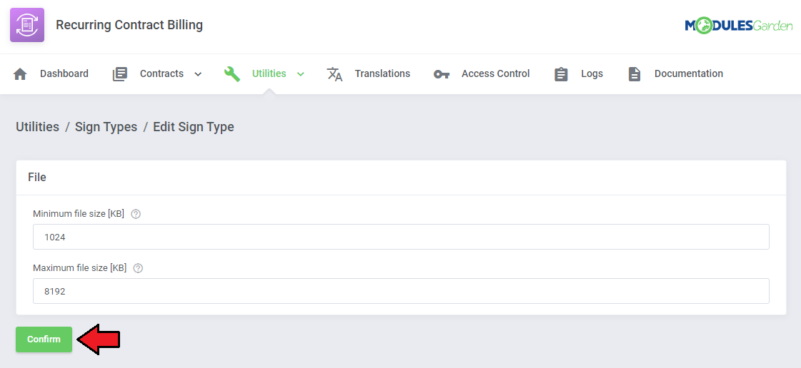 Recurring Contract Billing For WHMCS: File Upload sign type form with minimum and maximum file size fields and Confirm