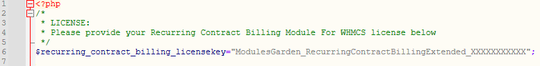 Recurring Contract Billing For WHMCS: license.php open in an editor with the license key between quotation marks