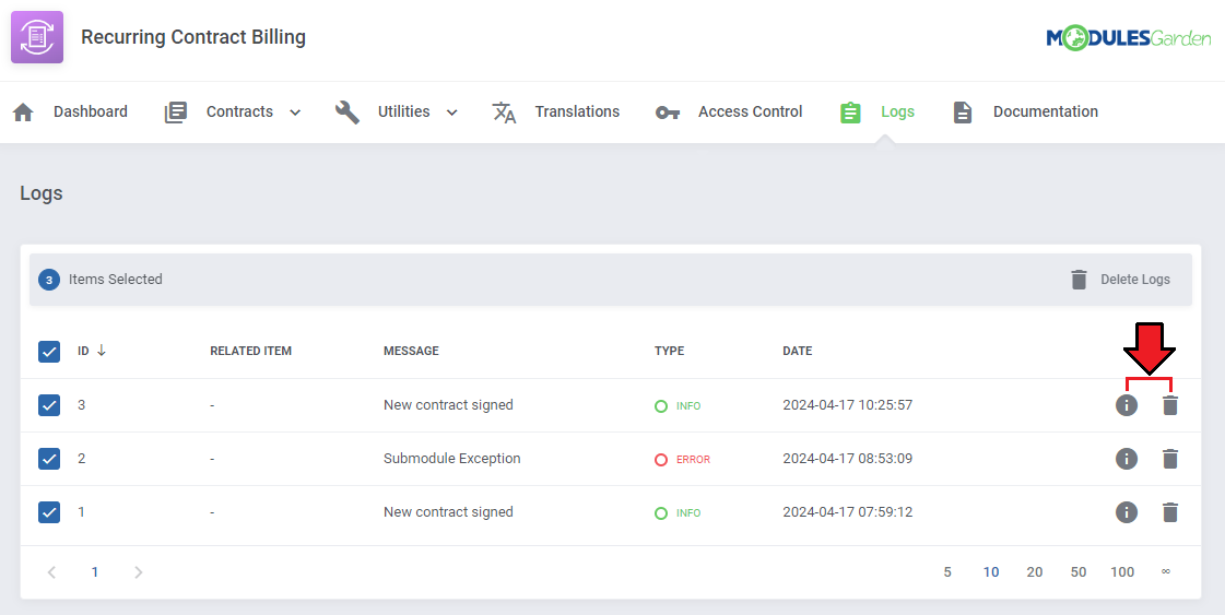 Recurring Contract Billing For WHMCS: Logs page with selected log entries and the info and delete action buttons