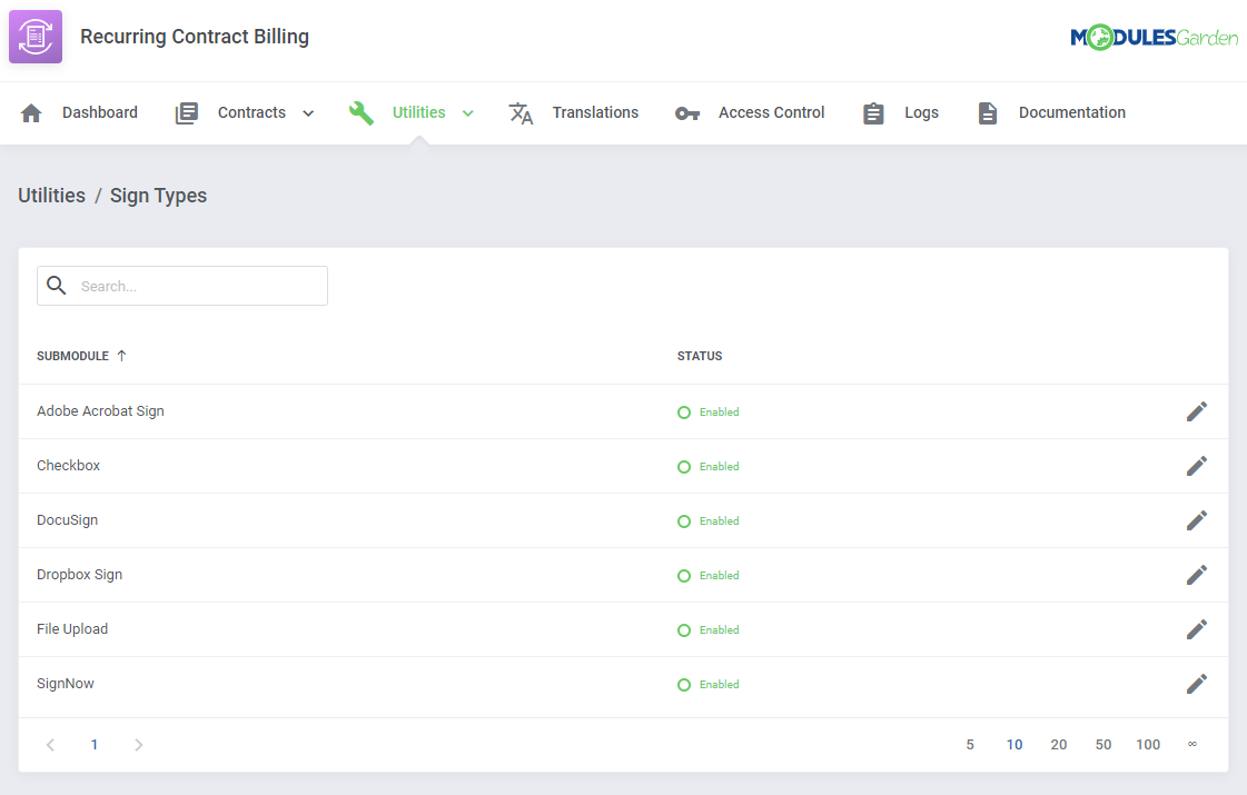 Recurring Contract Billing For WHMCS: Sign Types list with Adobe Acrobat Sign, Checkbox, DocuSign, Dropbox Sign and more