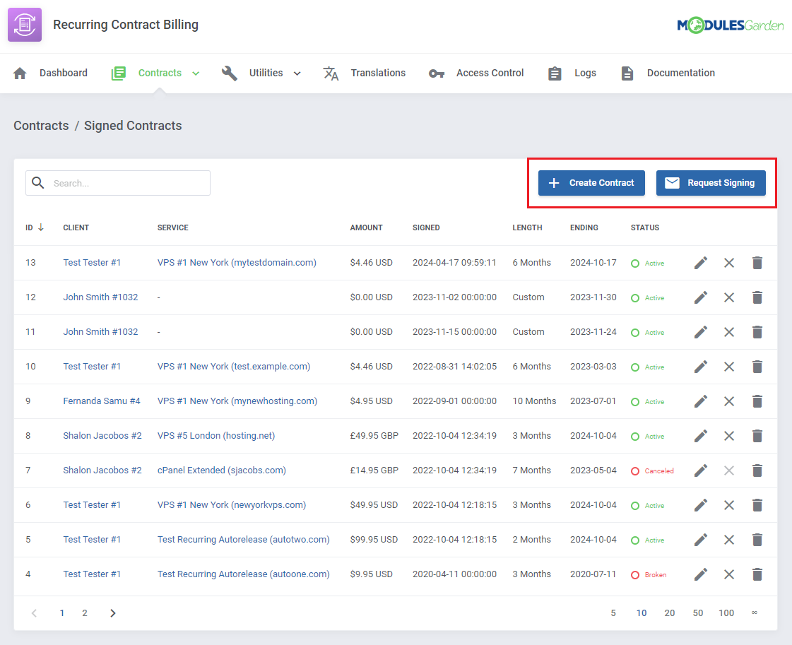 Recurring Contract Billing For WHMCS: Signed Contracts list with the Create Contract and Request Signing buttons