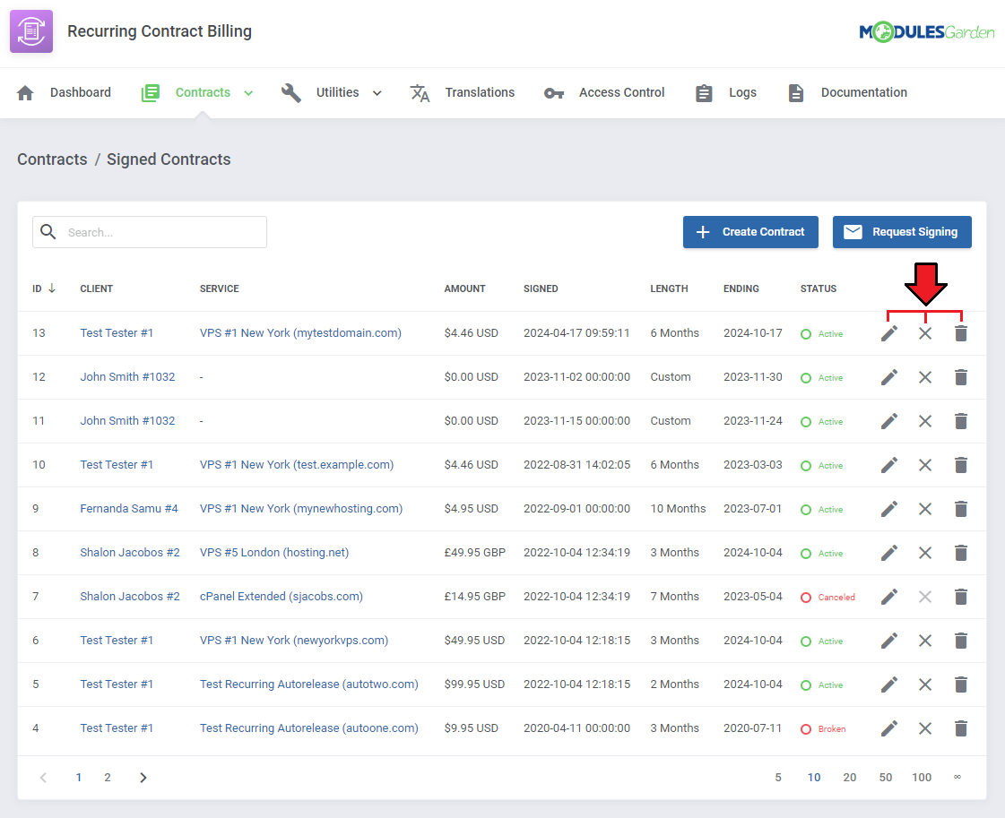 Recurring Contract Billing For WHMCS: admin Signed Contracts list with the edit, cancel and delete action buttons