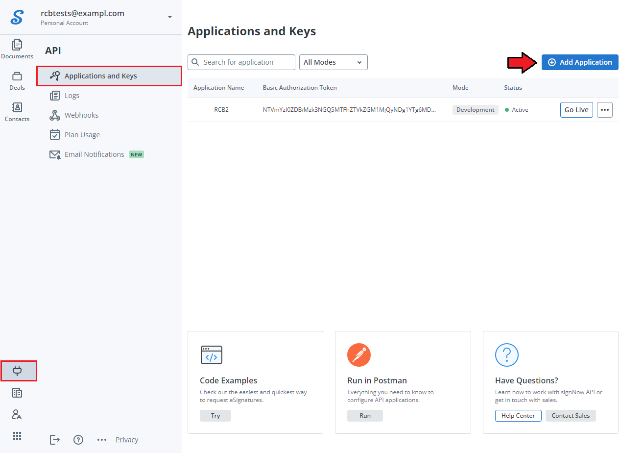 Recurring Contract Billing For WHMCS: SignNow API page, Applications and Keys list with the Add Application button