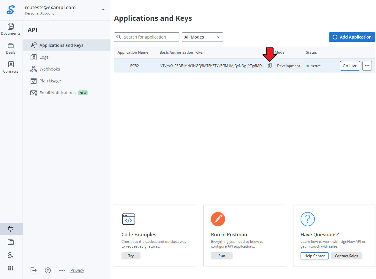 Recurring Contract Billing For WHMCS: SignNow Applications and Keys list with the copy icon by the Basic Authorization