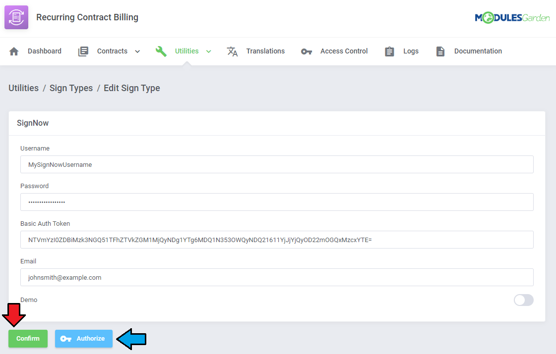 Recurring Contract Billing For WHMCS: SignNow settings form with username, password, Basic Auth Token, Confirm and