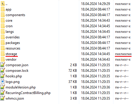 Recurring Contract Billing For WHMCS: module directory listing with the storage folder set to rwxrwxrwx permissions