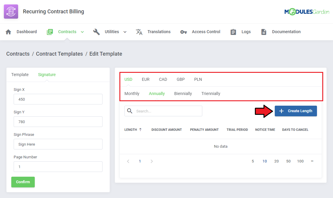 Recurring Contract Billing For WHMCS: Edit Template page with currency and billing cycle tabs and the Create Length