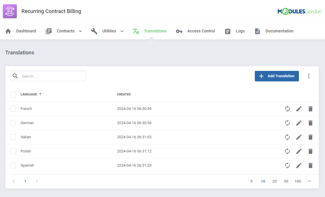 Recurring Contract Billing For WHMCS: Translations page with the language list and the Add Translation button
