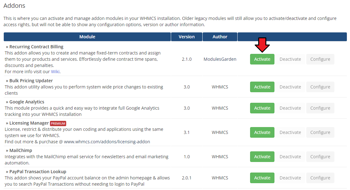 Recurring Contract Billing For WHMCS: activation in the WHMCS Addon Modules list with the Activate button