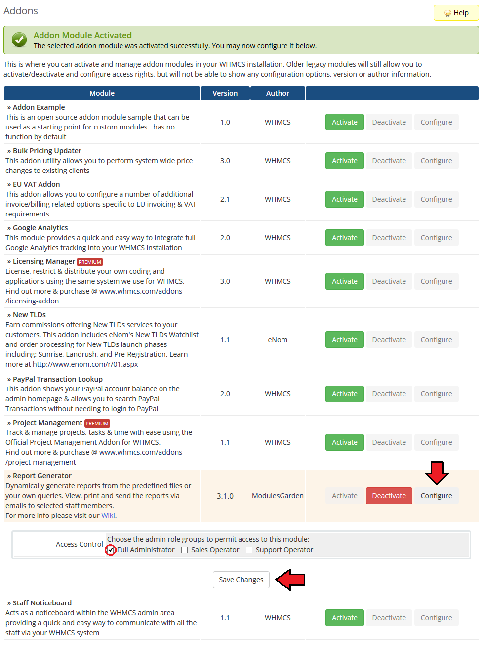 Report Generator 3.X For WHMCS: WHMCS Addon Modules access control with Full Administrator ticked and Save Changes
