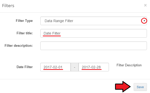 Report Generator 3.X For WHMCS: Filters dialog with Date Range Filter type, title and date range, and Save button