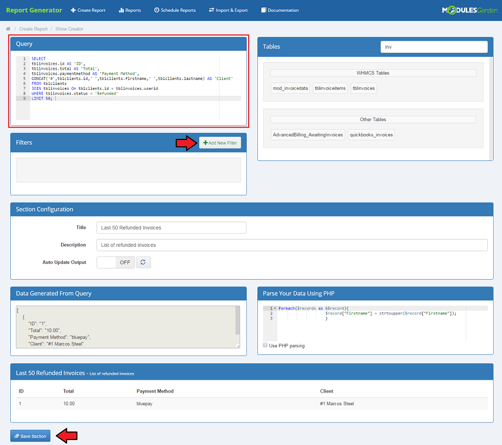 Report Generator 3.X For WHMCS: Advanced creator with an SQL query editor and the Add New Filter button