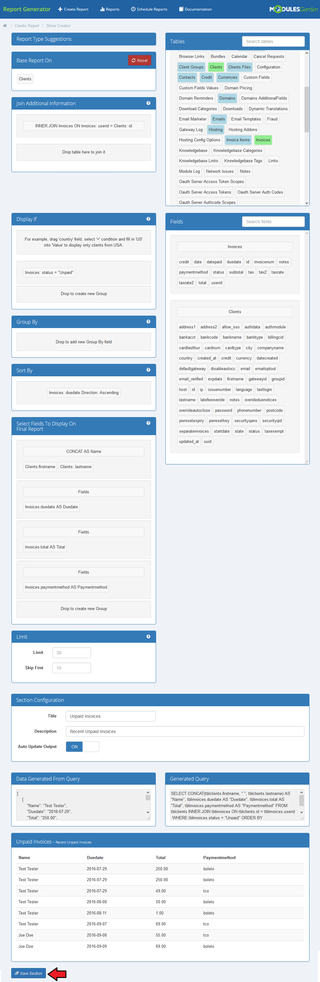 Report Generator 3.X For WHMCS: full Beginner creator view with tables, conditions, sort, fields, limit and query